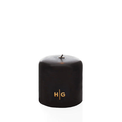 HG Black Unscented Pillar Candle, 4"x4", with gold HG logo, oversized cotton wick.
