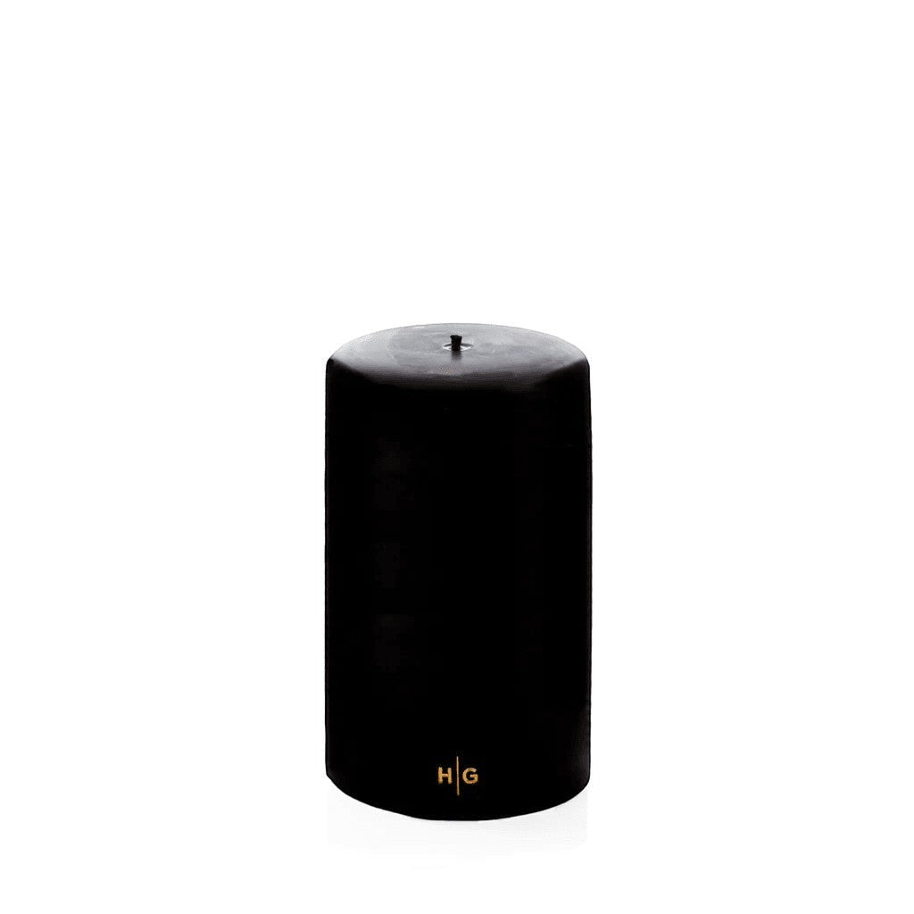 HG Black Unscented Pillar Candle, 4"x6", with gold embossed HG logo.