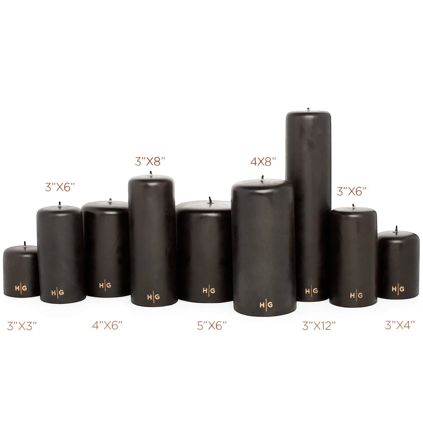 HG Black Unscented Pillar Candle, 4"x6", with gold HG logo.