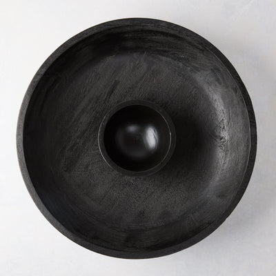 Black 15"Dia mango wood chip and dip platter with built-in dipping bowl.