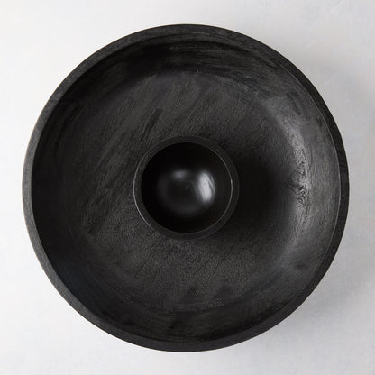 Black 15"Dia mango wood chip and dip platter with built-in dipping bowl.