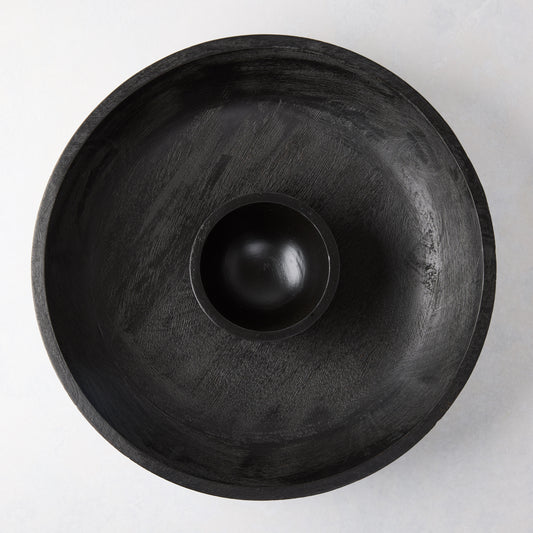 Black 15"Dia mango wood chip and dip platter with built-in dipping bowl.