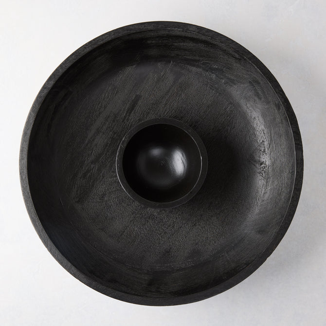 Black 15"Dia mango wood chip and dip platter with built-in dipping bowl.