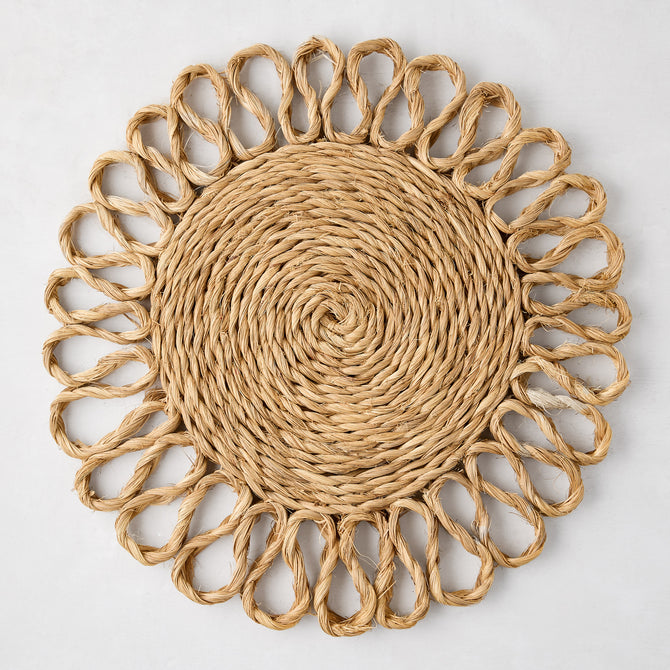 Bloom Woven Abaca Placemat, 15"Dia, natural brown, floral shape with looped edge.