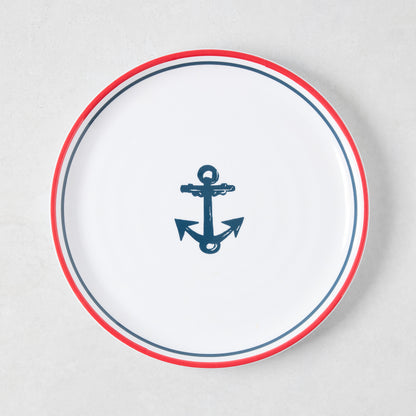 White melamine 8" salad plate with a navy blue anchor and red border.