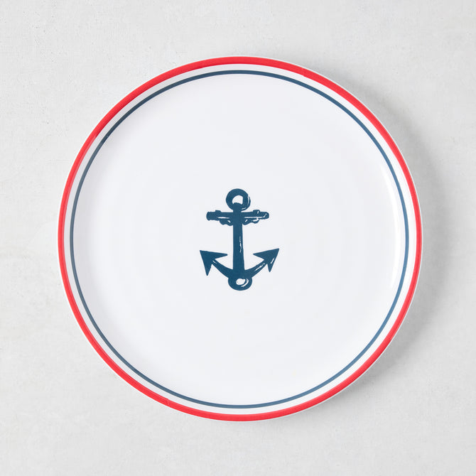 White melamine 8" salad plate with a navy blue anchor and red border.