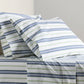 Blue and green multi-stripe percale sheet set with pillowcases, woven from extra-long staple cotton.