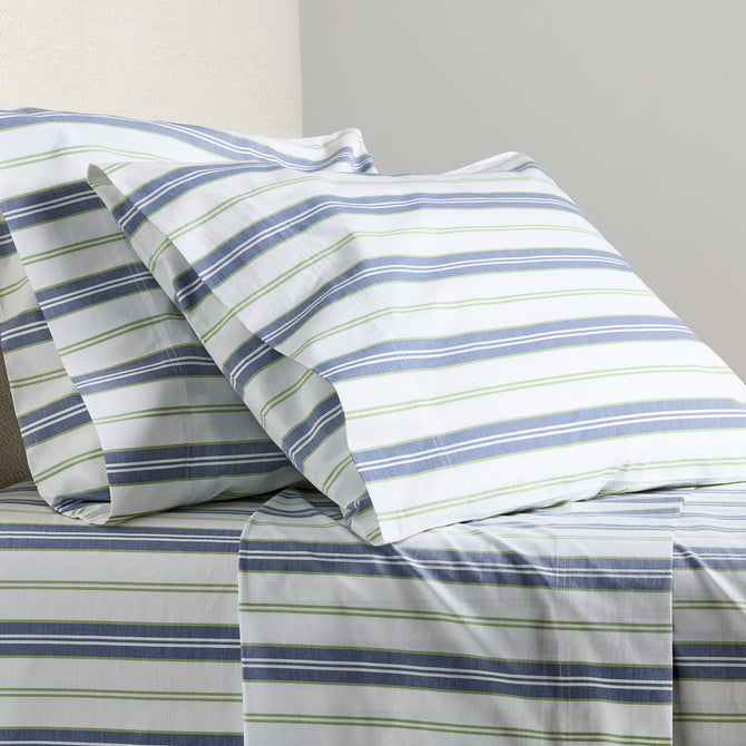 Blue and green multi-stripe percale sheet set with pillowcases, woven from extra-long staple cotton.