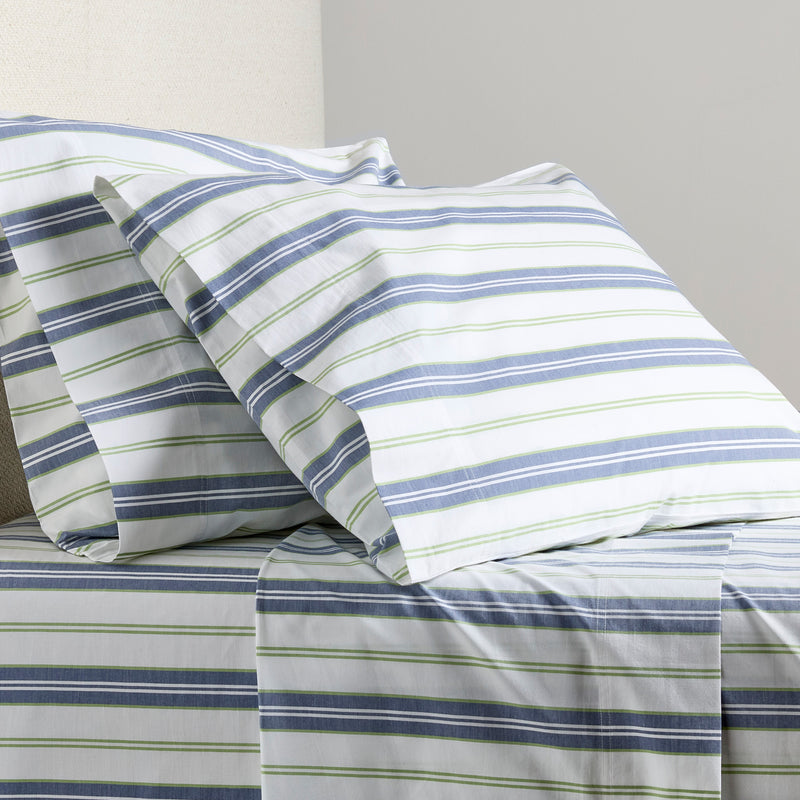 Blue and green multi-stripe percale sheet set with pillowcases, woven from extra-long staple cotton.