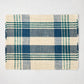 Blue and green woven plaid rectangular placemat made from abaca and jute, 19"W x 14"L.