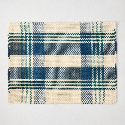 Blue and green woven plaid rectangular placemat made from abaca and jute, 19"W x 14"L.