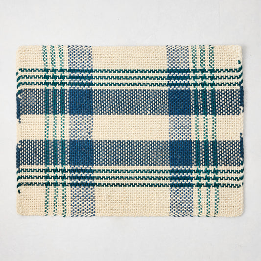 Blue and green woven plaid rectangular placemat made from abaca and jute, 19"W x 14"L.