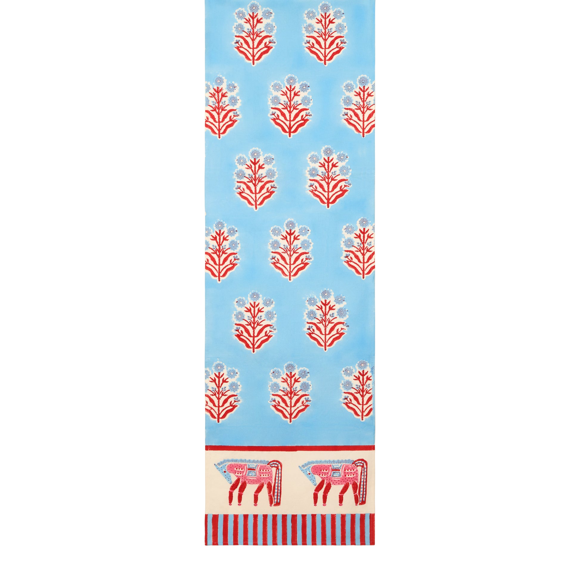 Blue and red horse block print cotton runner with floral motifs and horse border.