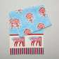 Blue and red horse block print cotton runner with floral motifs and striped border.