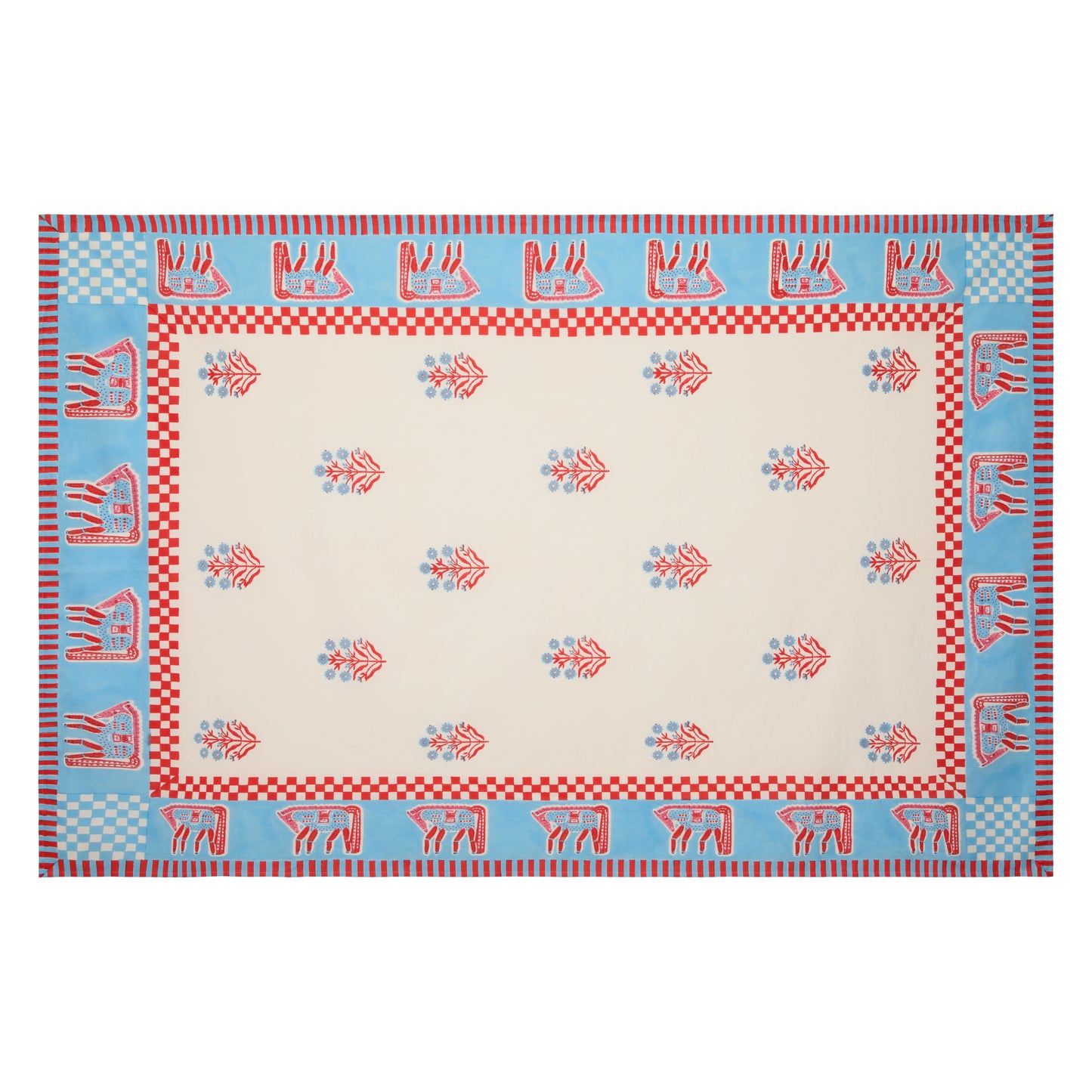 Blue and red horse block print cotton tablecloth with floral motifs and bright blue trim.