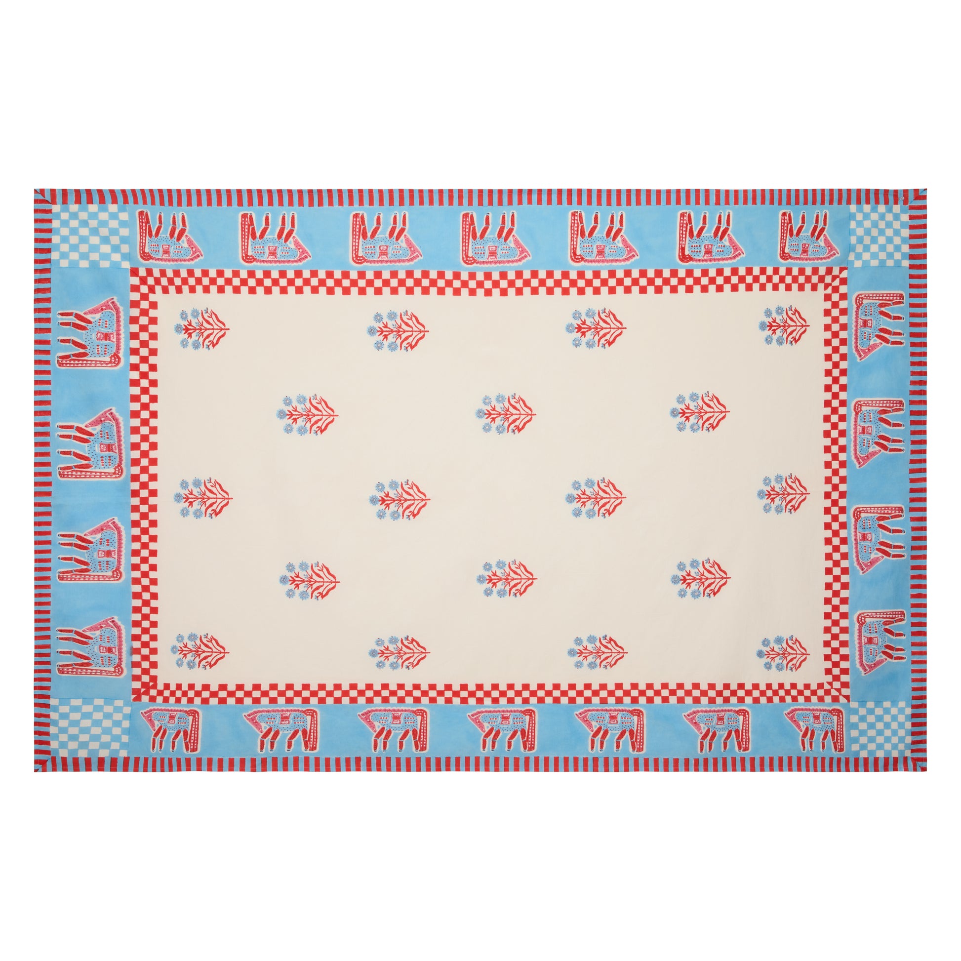 Blue and red horse block print cotton tablecloth with floral motifs and bright blue trim.