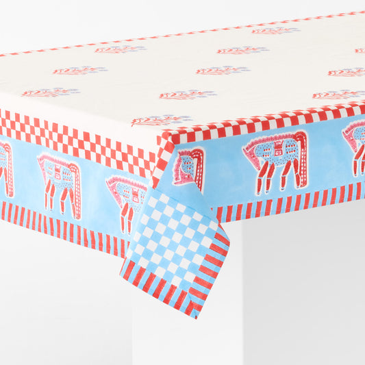 Blue and Red Horse Block Print Tablecloth