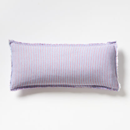 Blue and red stripe linen lumbar sham with frayed edges.