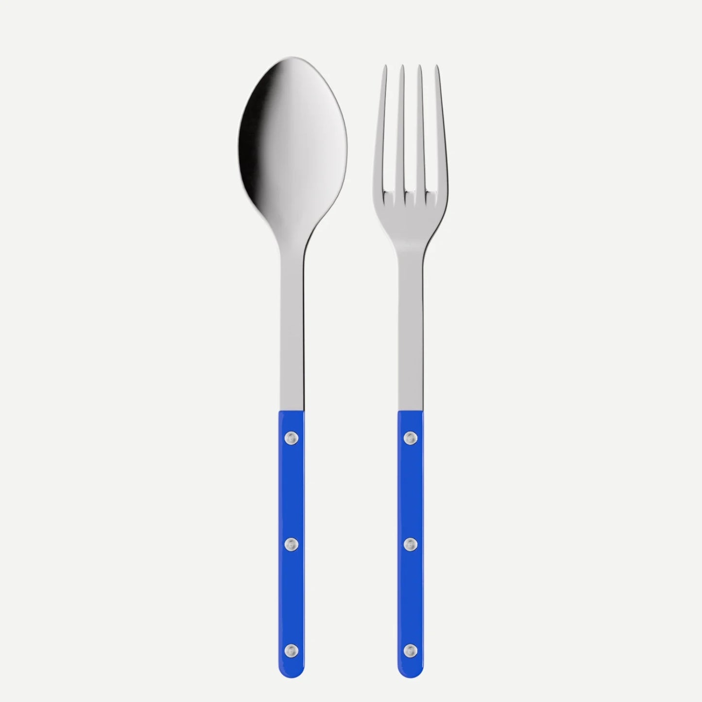 Blue Bistro 2-piece serving set: 10.25" 18/10 stainless steel spoon and fork with blue acrylic handles.