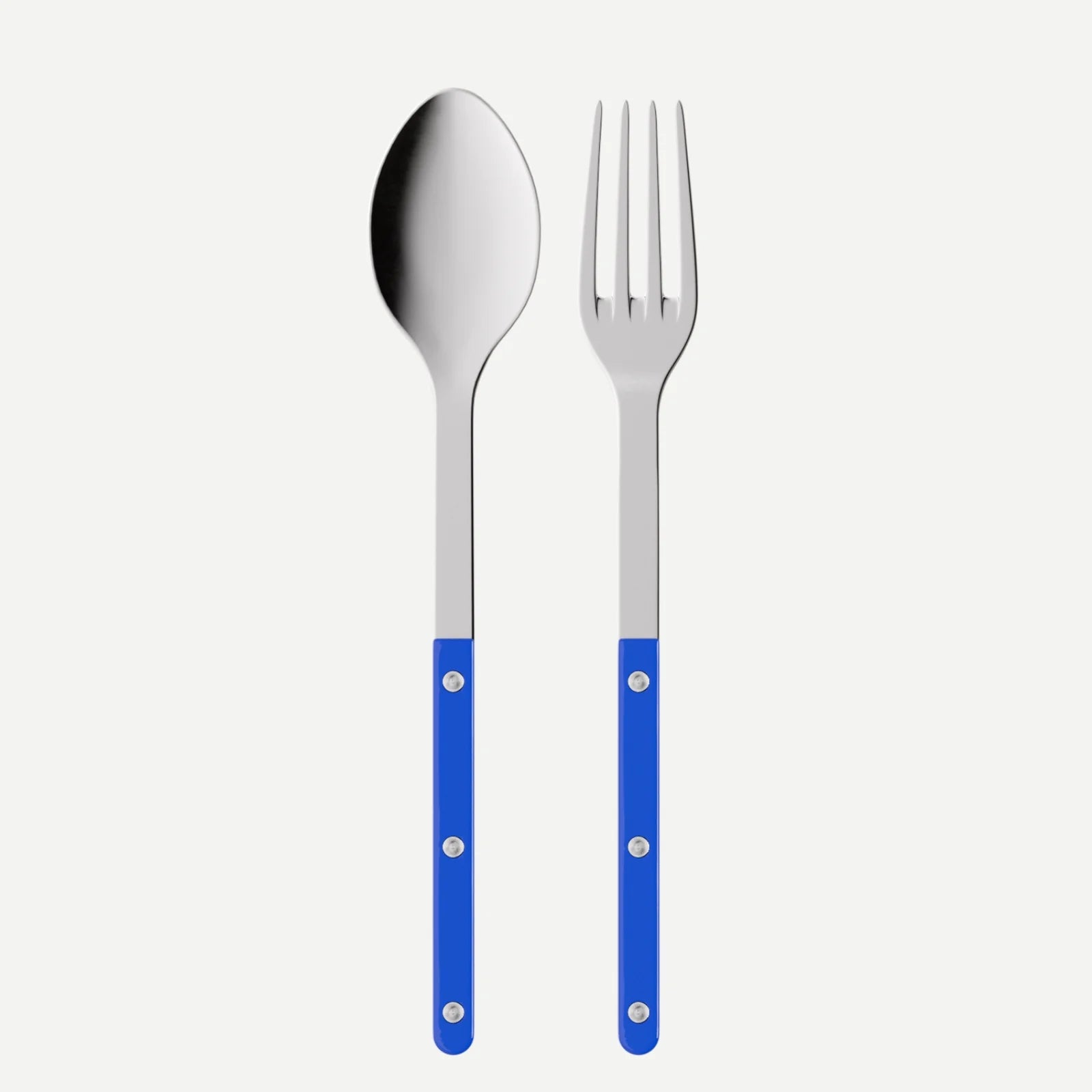 Blue Bistro 2-piece serving set: 10.25" 18/10 stainless steel spoon and fork with blue acrylic handles.