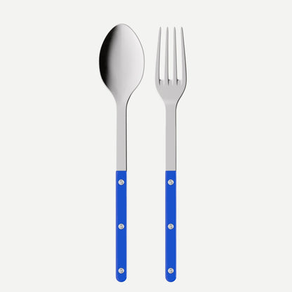 Blue Bistro 2-piece serving set: 10.25" 18/10 stainless steel spoon and fork with blue acrylic handles.