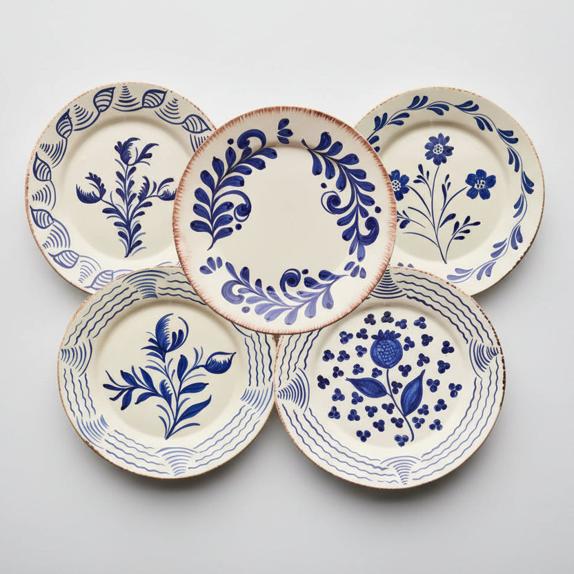Set of 5 Blue Casa Nuno ceramic dinner plates with assorted hand-painted Talavera-style patterns.
