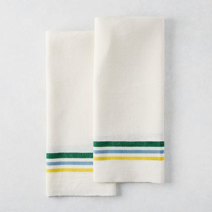 Set of 2 white cotton-linen hand towels with blue, green, and yellow triple stripes.