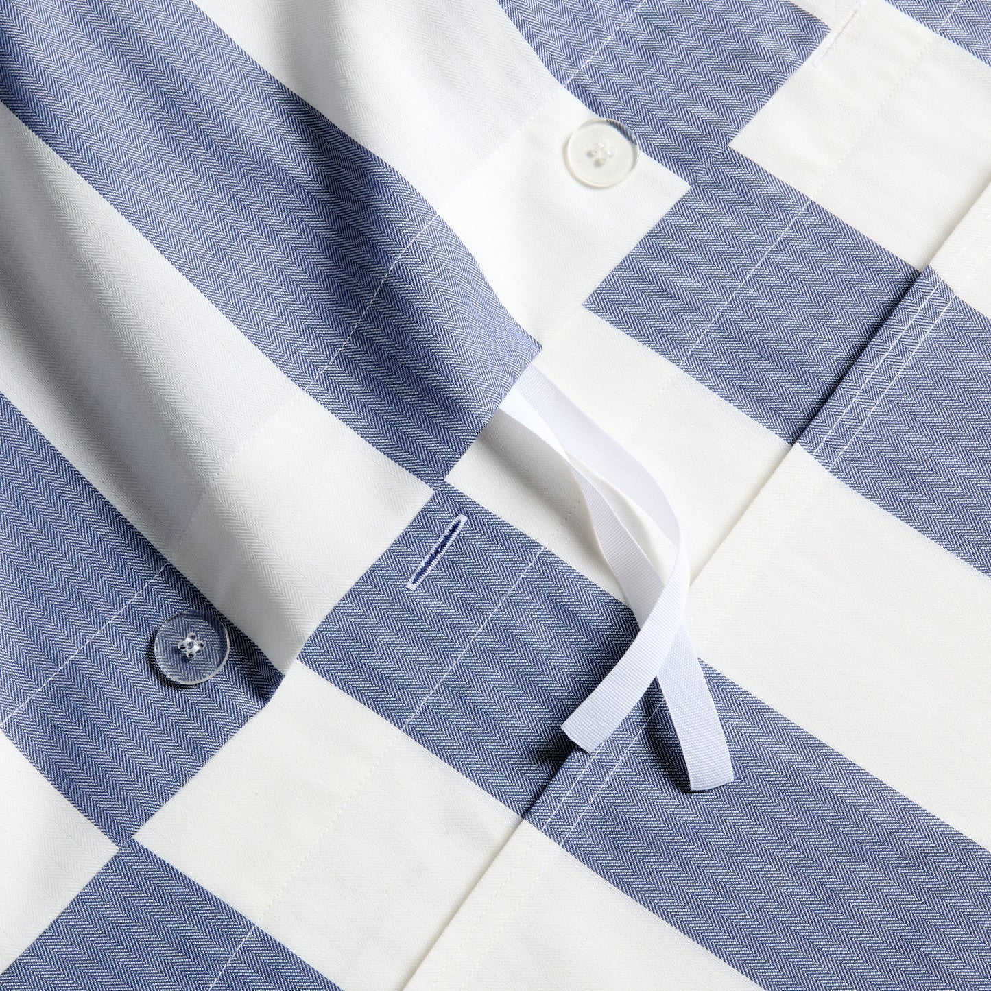 Herringbone Wide Blue Stripe Duvet and Shams Set, 100% cotton with tie closures and button details.