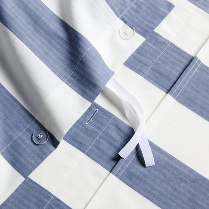 Herringbone Wide Blue Stripe Duvet and Shams Set, 100% cotton with tie closures and button details.