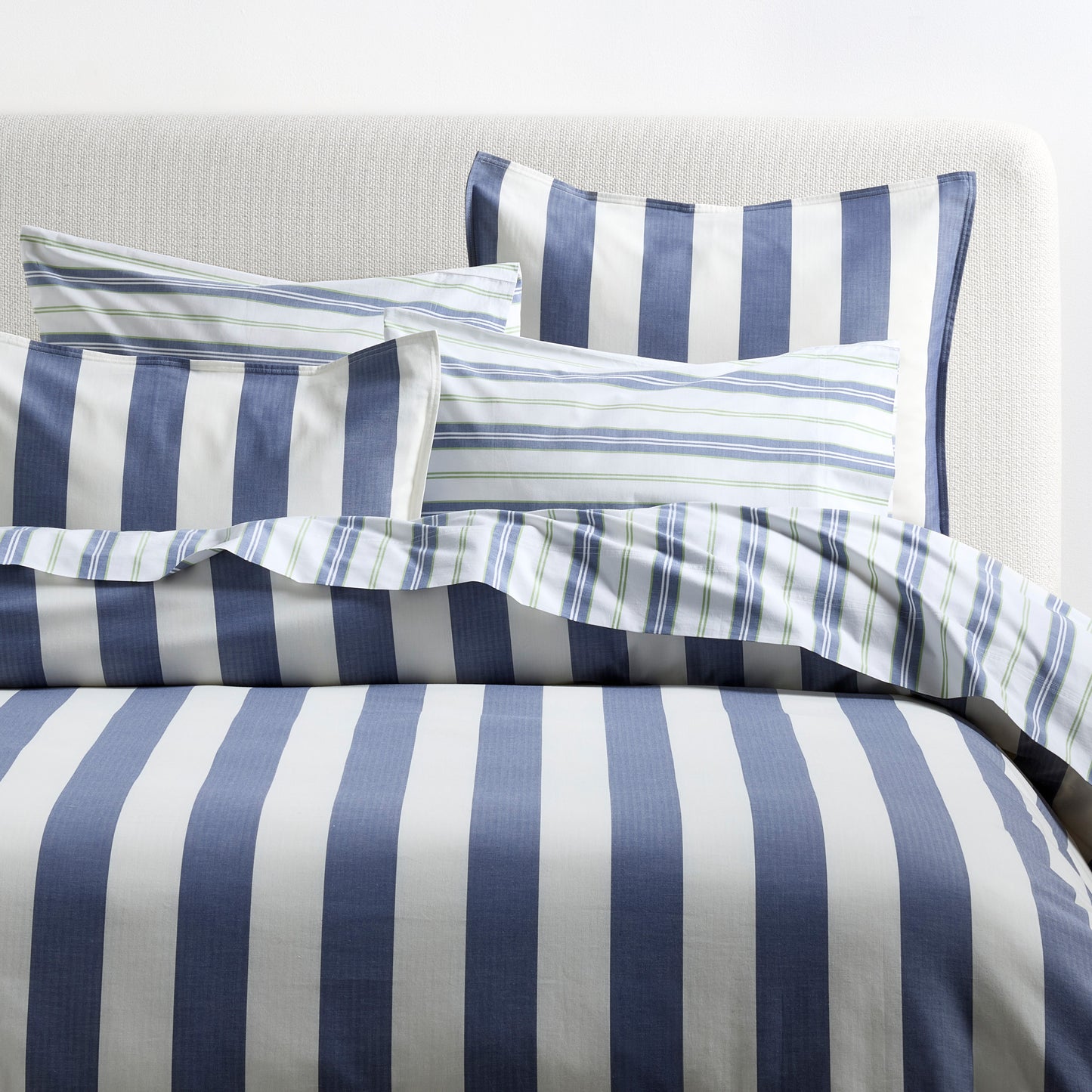 Herringbone Wide Blue Stripe Duvet and Shams Set, 100% cotton, with tie closures.