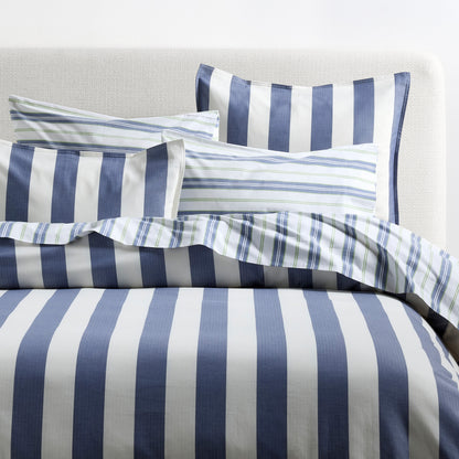 Herringbone Wide Blue Stripe Duvet and Shams Set, 100% cotton, with tie closures.