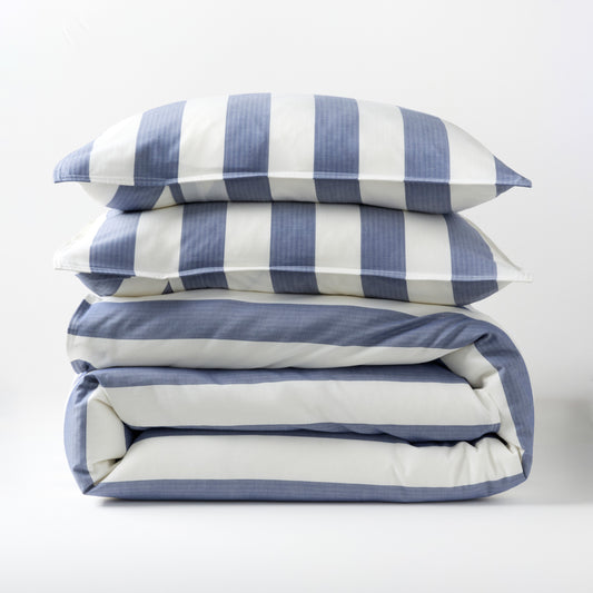 Herringbone Wide Blue Stripe Duvet and Shams Set, 100% cotton, folded and stacked.