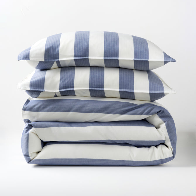 Herringbone Wide Blue Stripe Duvet and Shams Set, 100% cotton, folded and stacked.