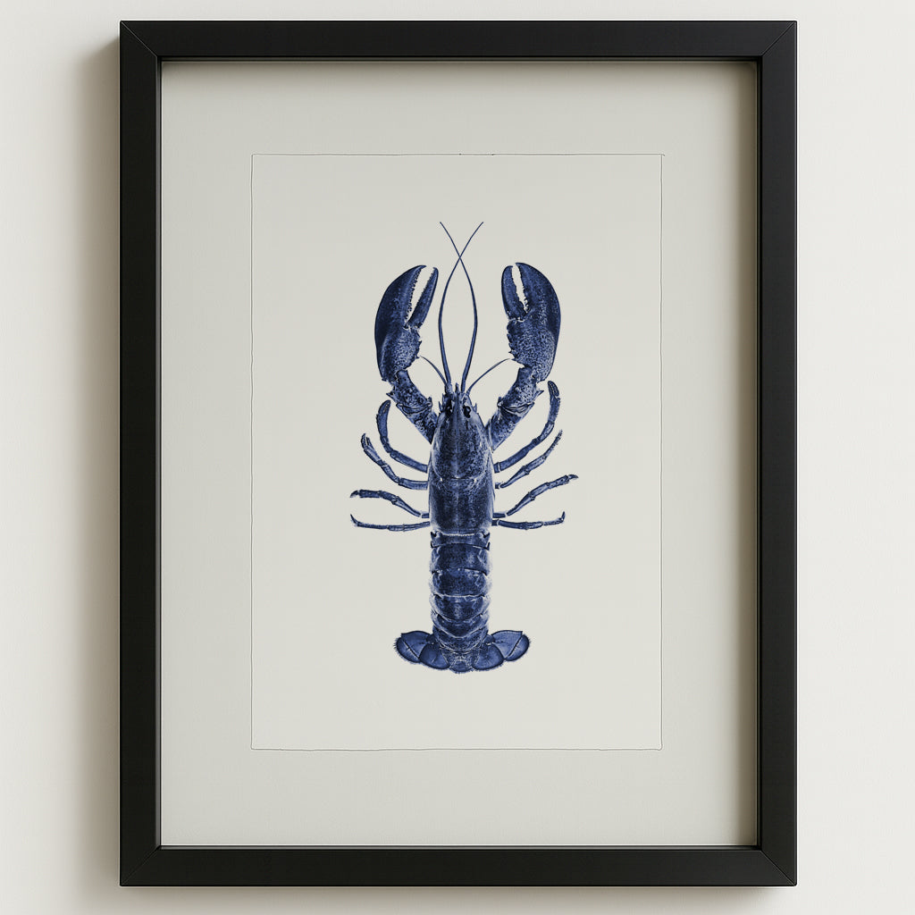 Blue Maine Lobster on English Watercolor Wall Art Print in a black shadowbox frame.