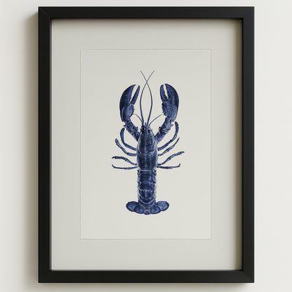 Blue Maine Lobster on English Watercolor Wall Art Print in a black shadowbox frame.