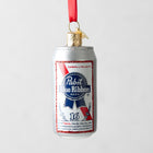 Hand-painted glass Pabst Blue Ribbon beer can Christmas ornament with red ribbon.