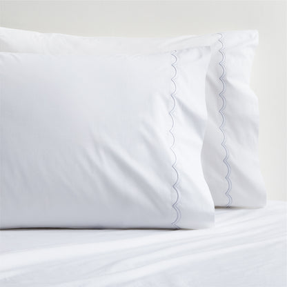 White percale pillowcases with blue scallop stitching, set of 2.