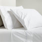 White percale sheet set with blue scallop stitch detail on pillowcases and flat sheet.