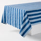 Blue Tonal Hampton Stripe Cotton Tablecloth, 70"W x 108"L, with bold blue and light blue stripes.