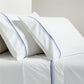 White percale sheet set with blue triple-stitch detail on pillowcases and flat sheet.