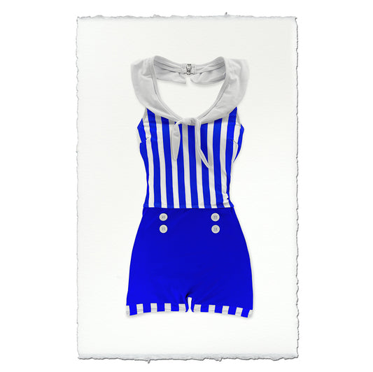 Blue and white striped vintage swimsuit with a white sailor collar on watercolor paper.