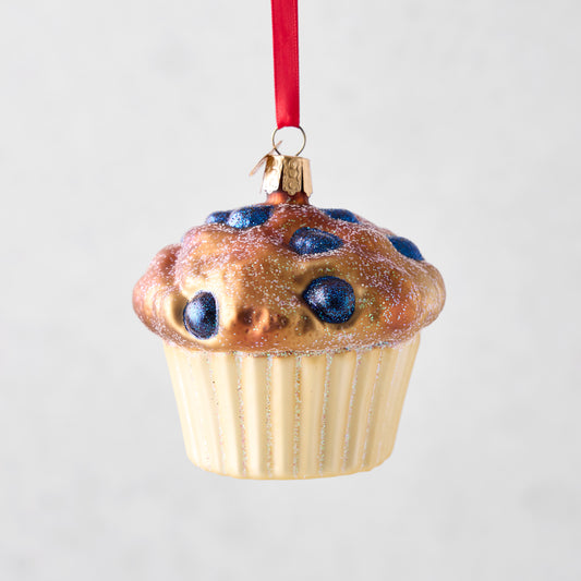 Sparkling glass blueberry muffin ornament with a red ribbon, hand-painted and glittered.