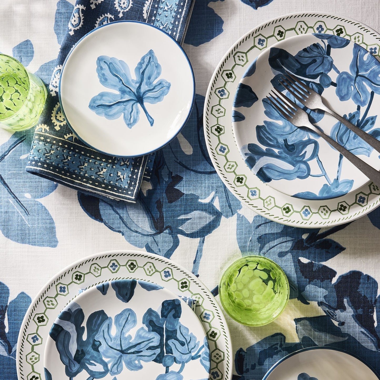 Peter Dunham + Hudson Grace Hand-Painted Blue Fig Leaf White Salad Plate