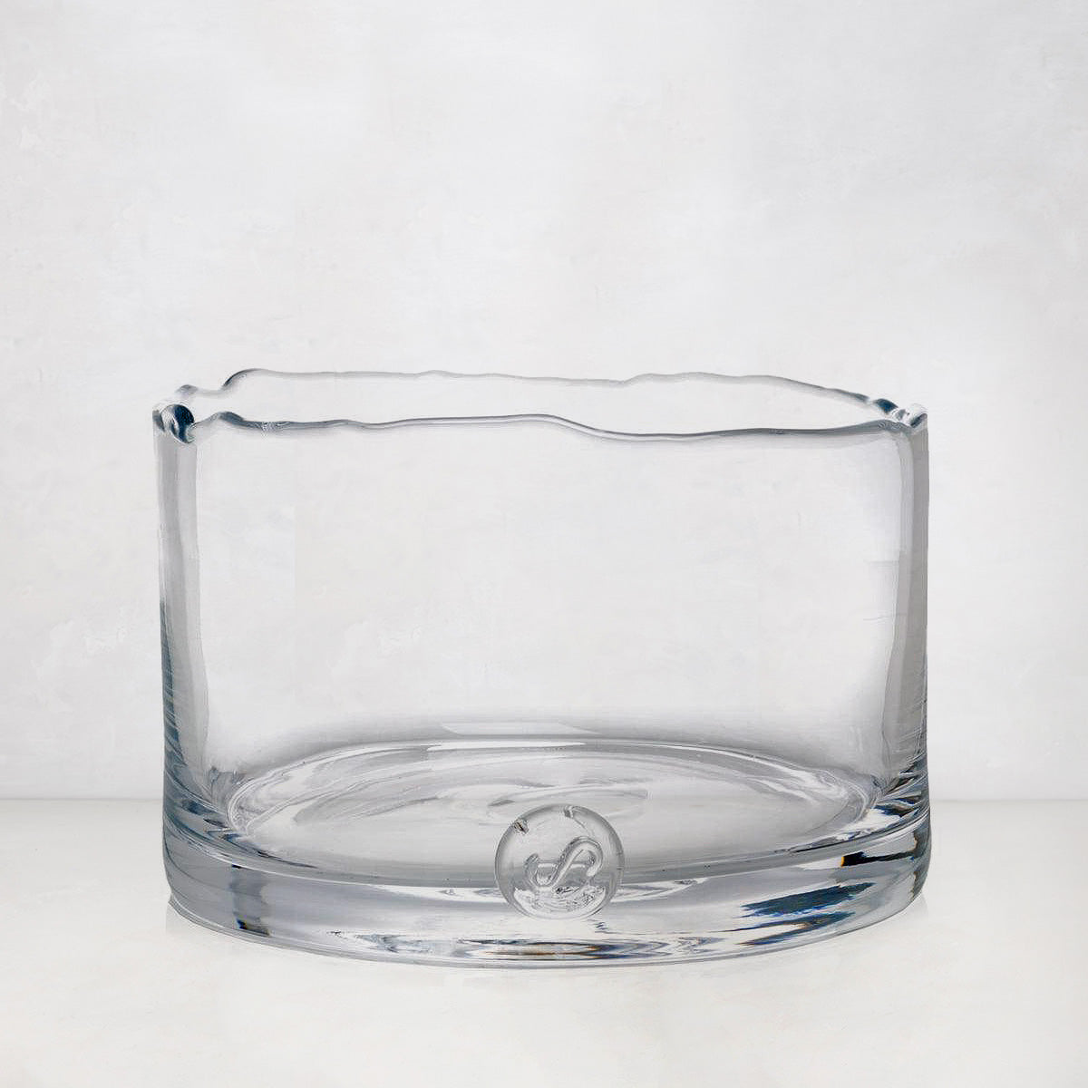 Bob Scissor-Cut Glass Low Bowl, 10"Dia x 6"H, clear mouth-blown glass with unique hand-sheared rim.