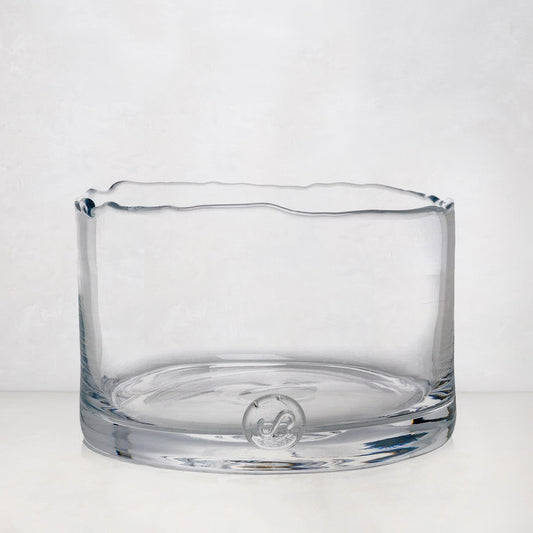 Bob Scissor-Cut Glass Low Bowl, 10"Dia x 6"H, clear mouth-blown glass with unique hand-sheared rim.