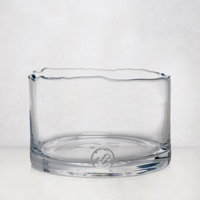 Bob Scissor-Cut Glass Low Bowl, 10"Dia x 6"H, clear mouth-blown glass with unique hand-sheared rim.