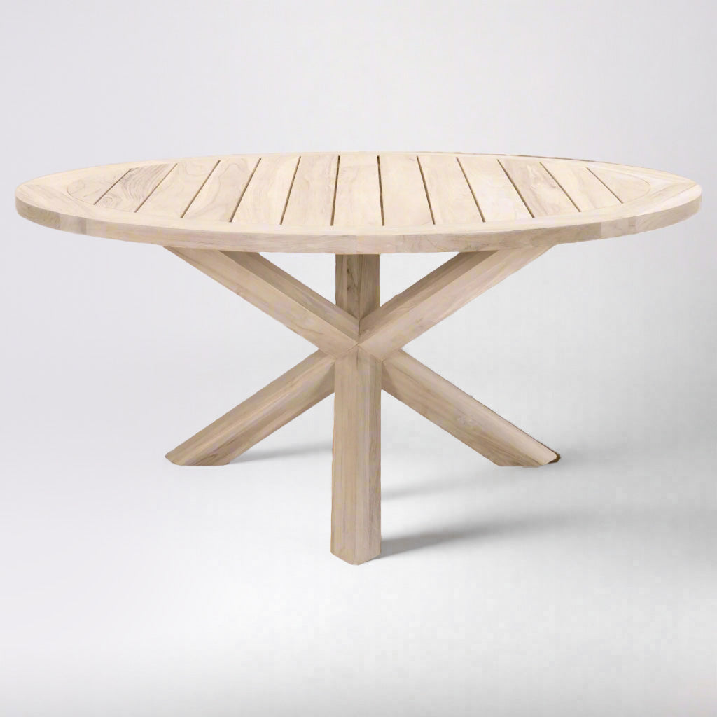 Boca Outdoor Round Dining Table, 63", light natural teak wood, slatted top, X-base design.