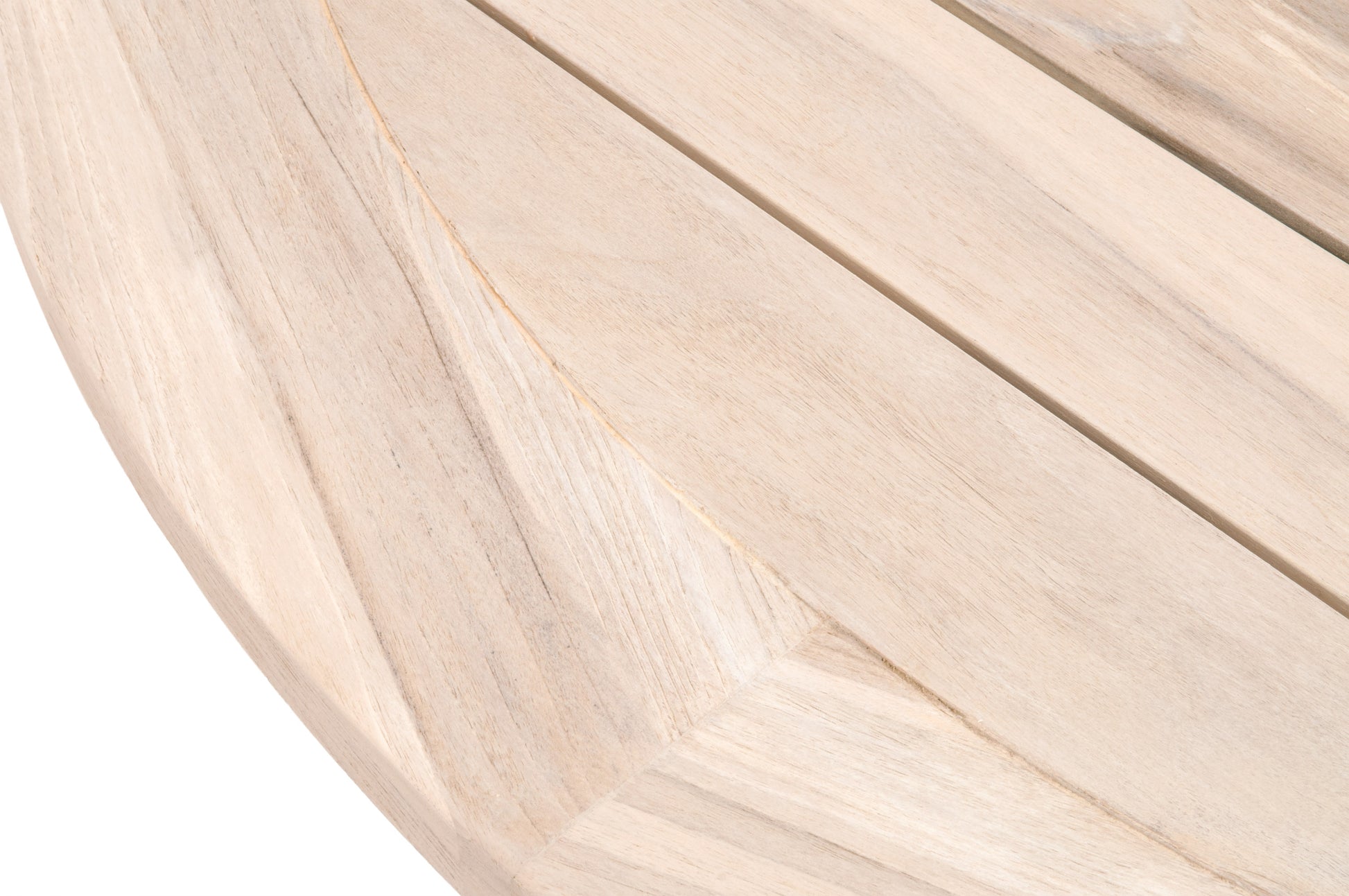 Boca Outdoor Round Dining Table, 63", natural teak wood grain, close-up of slatted tabletop.