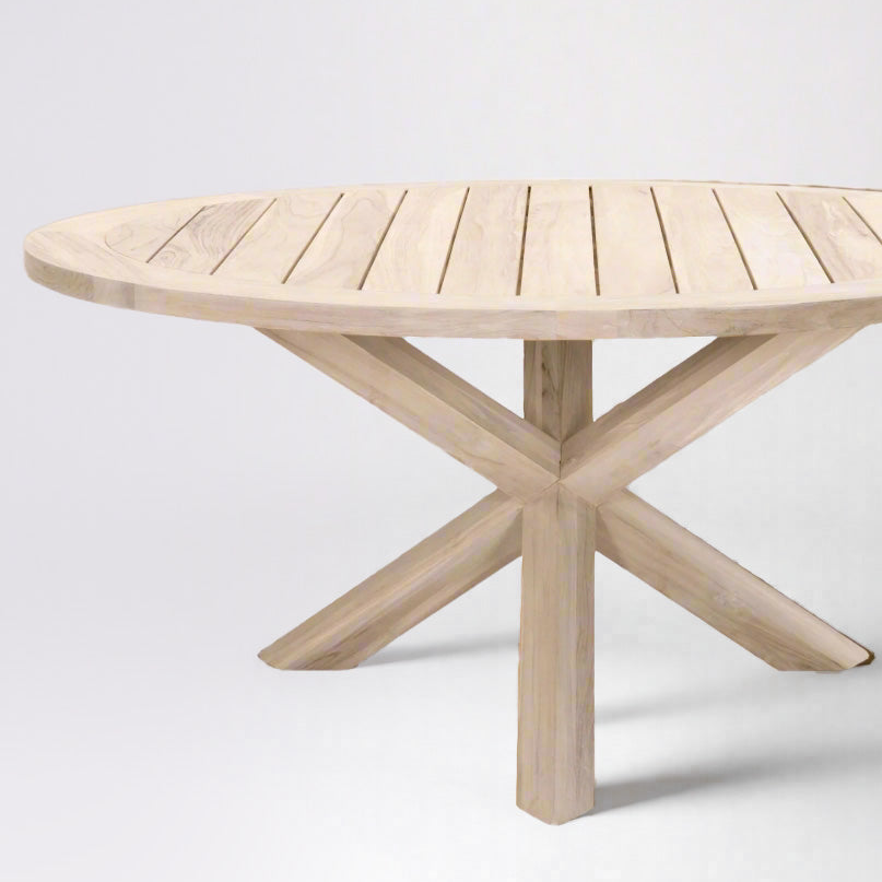 Boca Outdoor Round Dining Table, 63", light natural teak wood, slatted top, X-base.