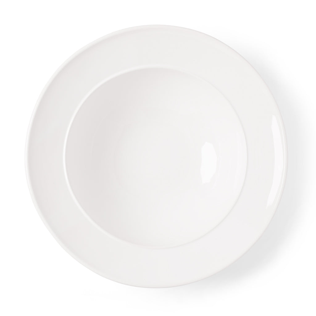 Bolinas 16" white ceramic round serve bowl with a raised edge trim.